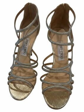 Jimmy Choo London Metallic Gold Glitter Strappy Cage Heels